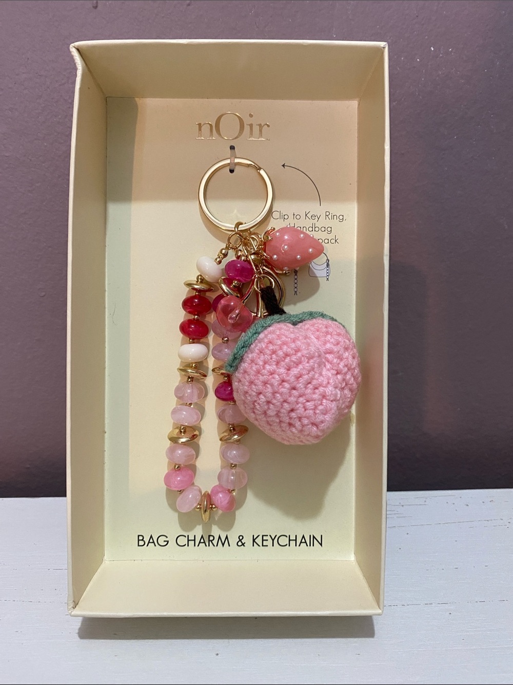 nOir - Bag Charm- Pink Crochet Strawberry, Beaded Tassel, strawberry & Cherries